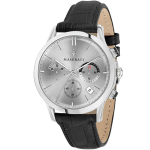 Maserati Ricordo R8871633001 men's quartz battery watch with silver sunray dial, silver-tone case, black alligator-pattern leather strap main view