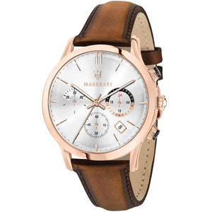 Maserati Ricordo R8871633002 men's quartz battery watch with silver sunray dial, rose gold-tone case, brown leather strap main view