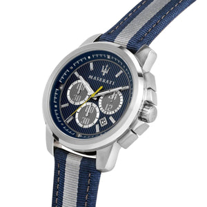 Right angled view of Maserati Royale R8871637001 men's quartz battery watch highlighting silver finish and chronograph details