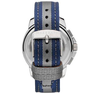 Silver-tone buckle clasp on Maserati Royale R8871637001 men's quartz battery blue fabric strap watch