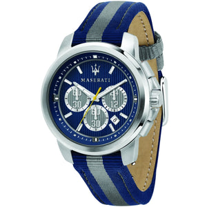 Maserati Royale R8871637001 men's quartz battery watch with blue dial, silver-tone case, blue fabric synthetic fiber strap main view