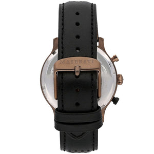 Bronze-tone buckle clasp on Maserati Legend R8871638001 men's quartz battery perforated black leather strap watch