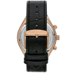 Rose gold-tone buckle clasp on Maserati Stile Chronograph R8871642001 men's quartz battery black leather strap watch