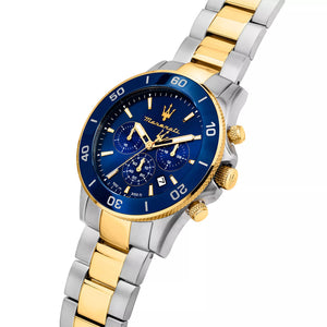 Right angled view of Maserati Competizione R8873600006 men's quartz battery watch highlighting blue and gold bezel and chronograph details