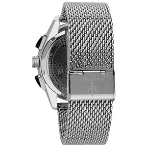 Back view of the Maserati R8873612005 watch showing the stainless steel caseback and technical specs