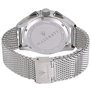Silver-tone sliding buckle on Maserati Traguardo R8873612008 men's quartz battery metal mesh strap watch