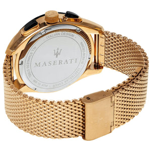 Rose gold-tone sliding buckle on Maserati Traguardo R8873612011 men's quartz battery metal mesh strap watch