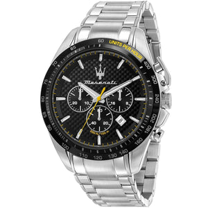 Maserati Traguardo R8873612042 men's quartz battery watch with black carbon fiber dial, silver-tone case, silver stainless steel bracelet main view