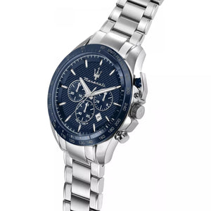 Left angled view of Maserati Traguardo R8873612043 men's quartz battery watch showing silver stainless steel bracelet and case profile