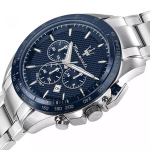 Side profile of Maserati Traguardo R8873612043 men's quartz battery watch showing 12mm thickness and silver finish