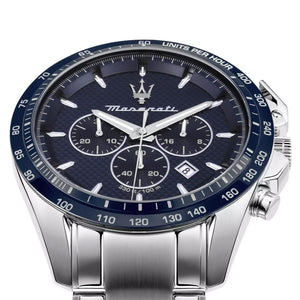 Side profile of Maserati Traguardo R8873612043 men's quartz battery watch showing 12mm thickness and silver finish