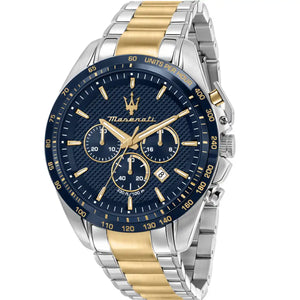 Maserati Traguardo R8873612046 men's quartz battery watch with blue textured dial, two-tone case, two-tone stainless steel bracelet main view