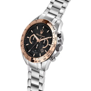 Right angled view of Maserati Traguardo R8873612047 men's quartz battery watch highlighting rose gold bezel and chronograph details