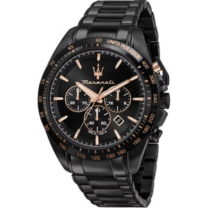 Maserati Traguardo R8873612048 men's watch with full black case, rose gold accents, and stainless steel bracelet