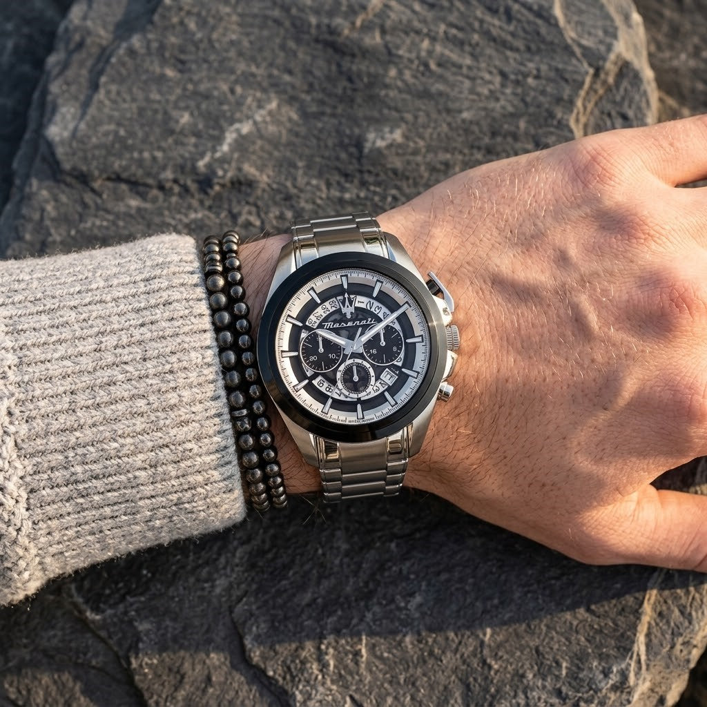 Close up of Maserati Traguardo R8873612059 men's quartz battery watch on wrist showing mechanical silver skeleton racing dial and silver case