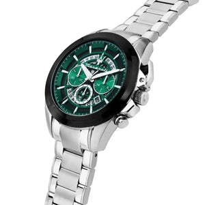 Right angled view of Maserati Traguardo R8873612060 men's quartz battery watch highlighting black bezel and green skeleton details