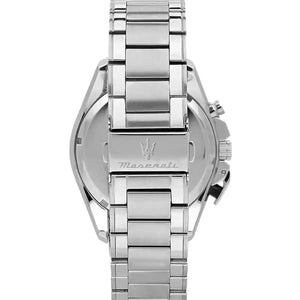 Silver-tone deployment clasp on Maserati Traguardo R8873612060 men's quartz battery silver metal bracelet watch