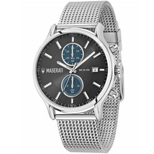 Maserati Epoca R8873618003 men's quartz battery watch with charcoal gray sunray dial, silver-tone case, silver stainless steel mesh strap main view