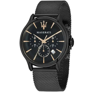 Maserati Epoca R8873618006 men's quartz battery watch with black sunray dial, rose gold-tone accents, black PVD case, black mesh strap main view