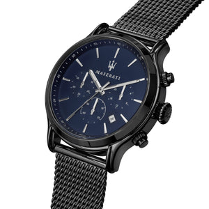 Left angled view of Maserati Epoca R8873618008 men's quartz battery watch showing black mesh strap and black PVD case profile