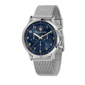 Maserati Epoca R8873618022 men's quartz battery watch with navy blue sunray dial, silver-tone case, silver stainless steel mesh strap main view