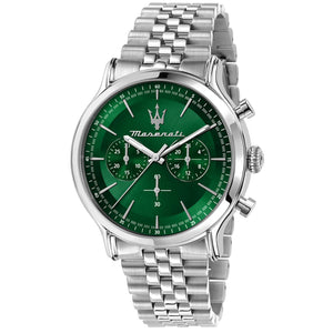 Maserati Epoca R8873618033 men's watch with silver case, green sunray dial, and silver jubilee bracelet