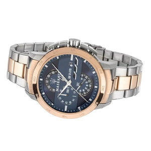 Left angled view of Maserati Ingegno R8873619002 men's quartz battery watch showing two-tone stainless steel bracelet and case profile