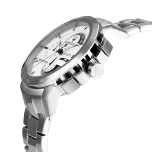 Left angled view of Maserati Ingegno R8873619004 men's quartz battery watch showing silver stainless steel bracelet and case profile