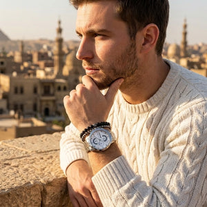 Elegant man wearing Maserati Ingegno R8873619004 men's quartz battery watch with silver-tone case and luxury white dial