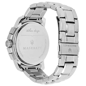 Caseback of Maserati Successo R8873621001 men's quartz battery watch showing technical specs 50m water resistance and metal bracelet