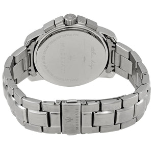 Caseback of Maserati Successo R8873621002 men's quartz battery watch showing technical specs 50m water resistance and metal bracelet