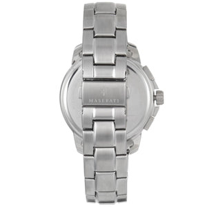 Silver-tone deployment clasp on Maserati Successo R8873621002 men's quartz battery metal bracelet watch
