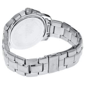 Caseback of Maserati Successo R8873621009 men's quartz battery watch showing technical specs 50m water resistance and metal bracelet