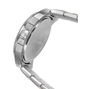 Left angled view of Maserati Successo R8873621016 men's quartz battery watch showing two-tone stainless steel bracelet and case profile