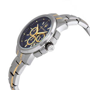 Side profile of Maserati Successo R8873621016 men's quartz battery watch showing 11.5mm thickness and gold finish