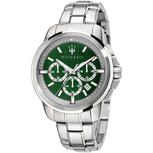 Maserati Successo R8873621017 men's watch with silver case, green sunray dial, and silver link bracelet