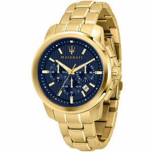 Maserati Successo R8873621021 men's watch with gold-tone case, blue textured dial, and gold link bracelet