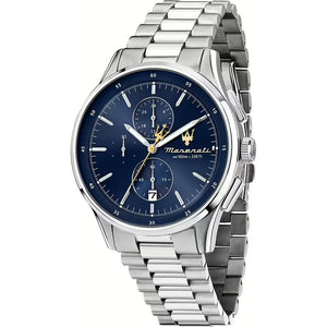 Maserati Sorpasso R8873624004 men's quartz battery watch with navy blue sunray dial, silver-tone case, silver stainless steel bracelet main view