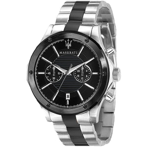 Maserati Circuito R8873627003 men's quartz battery watch with black racing dial, silver and black-tone case, two-tone stainless steel bracelet main view