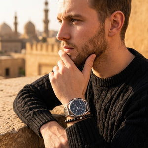 Elegant man wearing Maserati Trimarano R8873632003 men's quartz battery watch with silver-tone case and luxury black dial