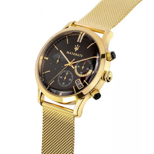 Right angled view of Maserati Ricordo R8873633003 men's quartz battery watch highlighting gold finish and black sunray dial details