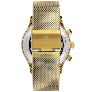 Gold-tone sliding mesh clasp on Maserati Ricordo R8873633003 men's quartz battery gold mesh metal watch