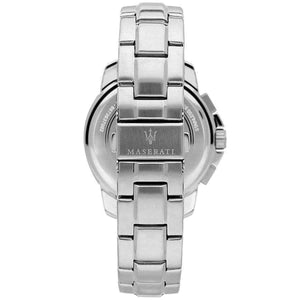 Silver-tone deployment clasp on Maserati Royale R8873637003 men's quartz battery silver metal bracelet watch