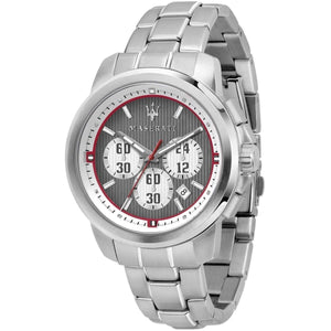 Maserati Royale R8873637003 men's quartz battery watch with gray vertical striped dial, red accents, silver-tone case and stainless steel bracelet main view