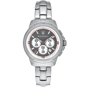 Silver Maserati watch with a white dial on a white background
