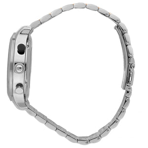 Left angled view of Maserati Legend R8873638002 men's quartz battery watch showing two-tone stainless steel bracelet and case profile