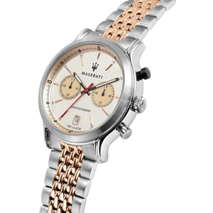 Right angled view of Maserati Legend R8873638002 men's quartz battery watch highlighting rose gold finish and red racing hand details