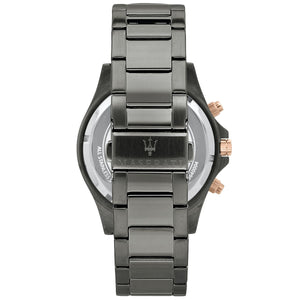 Gunmetal gray deployment clasp on Maserati Sfida R8873640001 men's quartz battery gunmetal metal bracelet watch