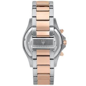Caseback of Maserati Sfida R8873640009 men's quartz battery watch showing technical specs 100m water resistance and metal bracelet
