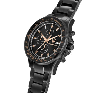 Right angled view of Maserati Sfida Chronograph R8873640011 men's quartz battery watch highlighting black finish and rose gold dial details